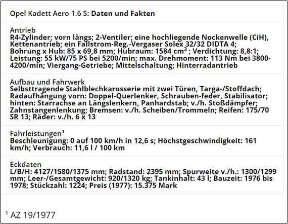 Opel Kadett Aero - Daten und Fakten Hier sehen Sie eine Übersicht der wichtigsten Daten des Hidden Classics Opel Kadett Aero.